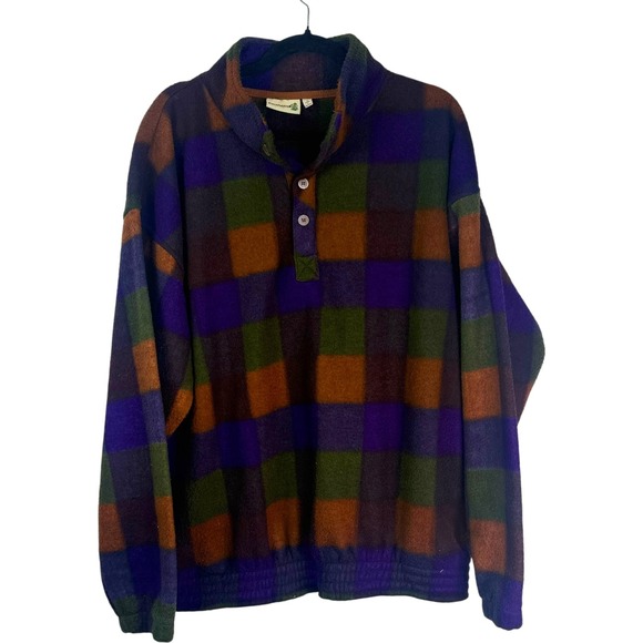 Vintage Fieldmaster Fleece Pullover Shirt XL Plaid Checkered Purple Green Brown - Picture 1 of 8